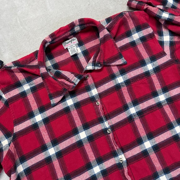 VTG Wrangler Shirt Women‎ 2XL Red Plaid Rancher Shirts Button Up Long Sleeve - Picture 1 of 10